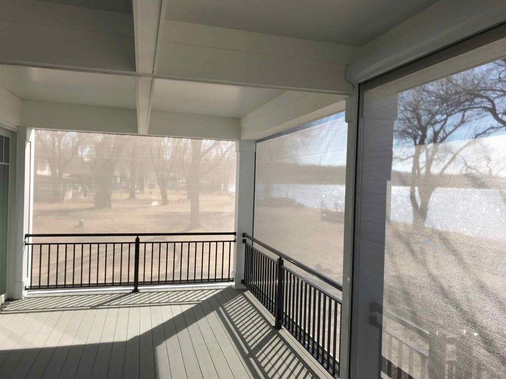 Prestige Shade - Elite Outdoor Environments View from inside patio with deployed sun shade